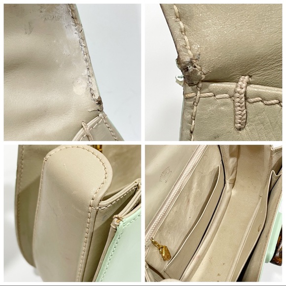 ❤️SOLD❤️Gucci mint green and off white leather vintage bamboo top handle bag - Picture 10 of 12